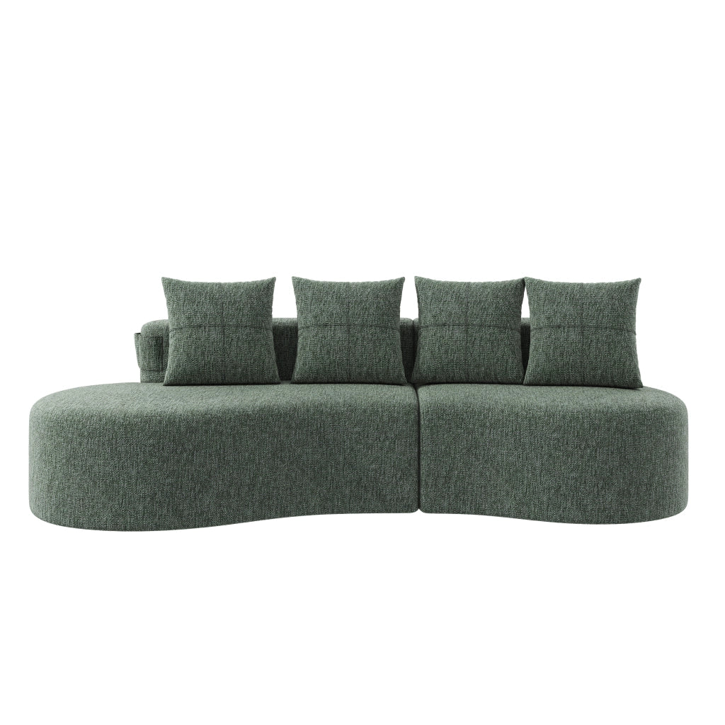 Divano in lino verde con 4 cuscini, portabicchieri e tasche laterali 240x109x60 cm