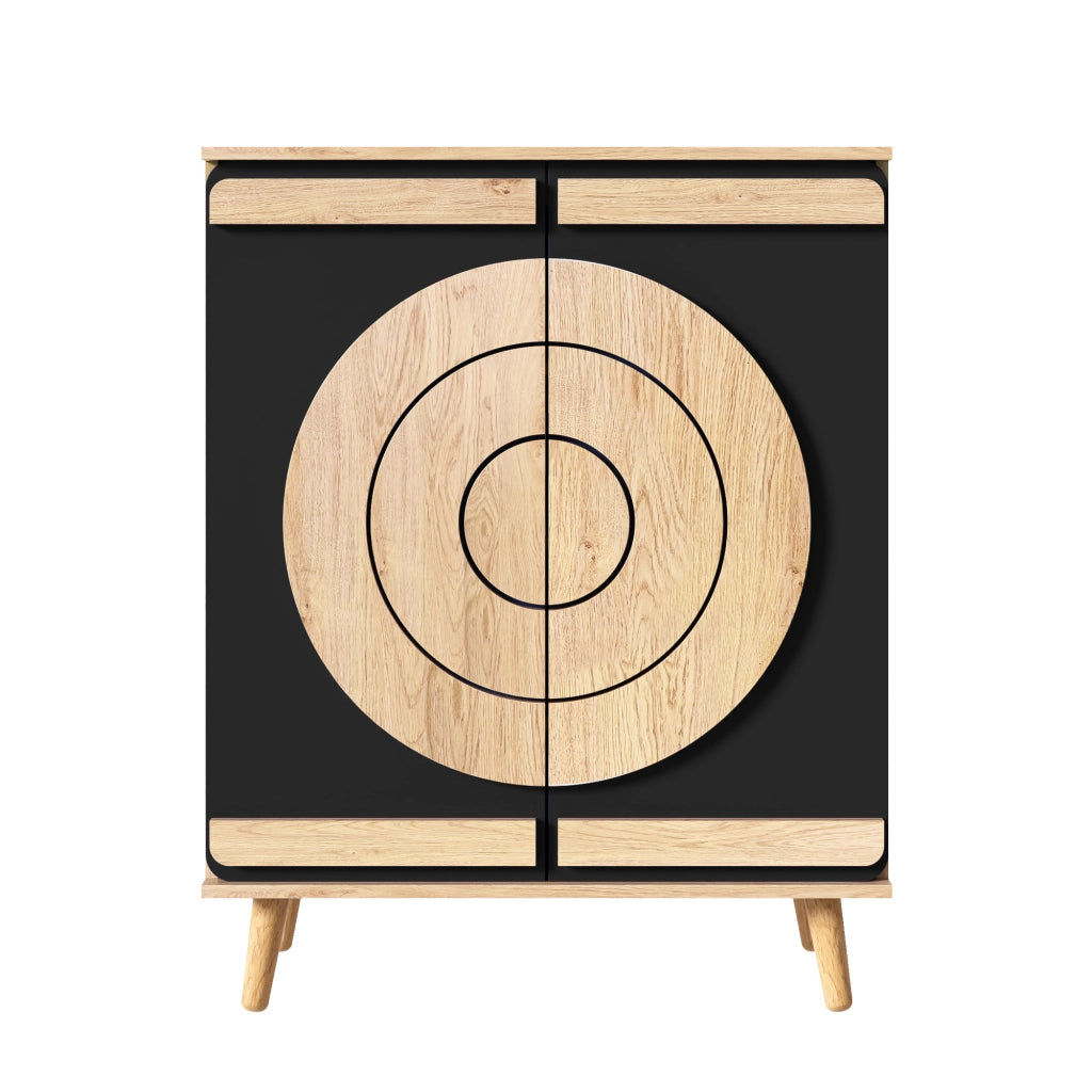 Scarpiera moderna 76x37x98;5 cm con ante geometriche; nera e naturale