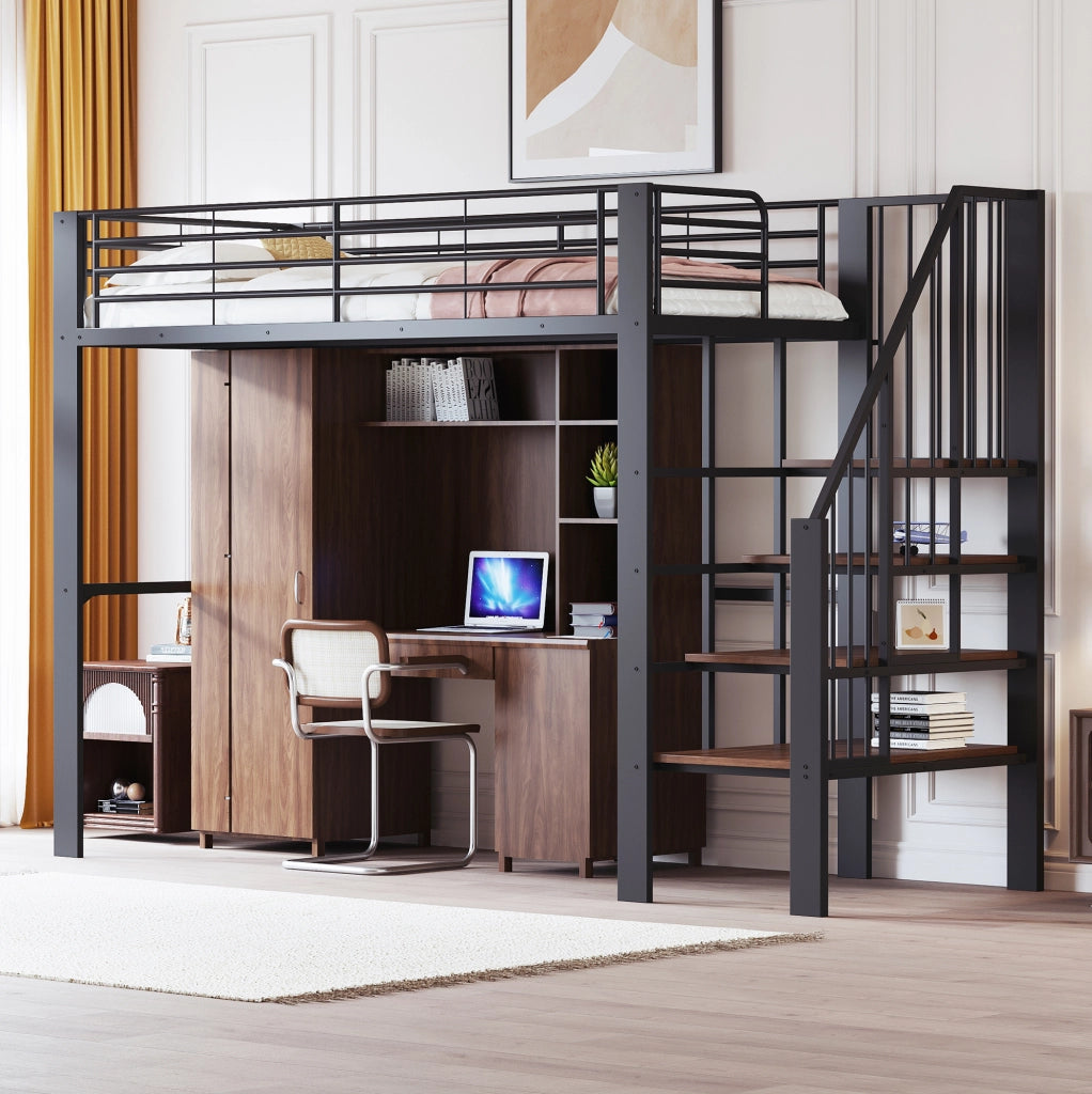 Letto a soppalco 90x200 cm in metallo nero con scala e vano inferiore