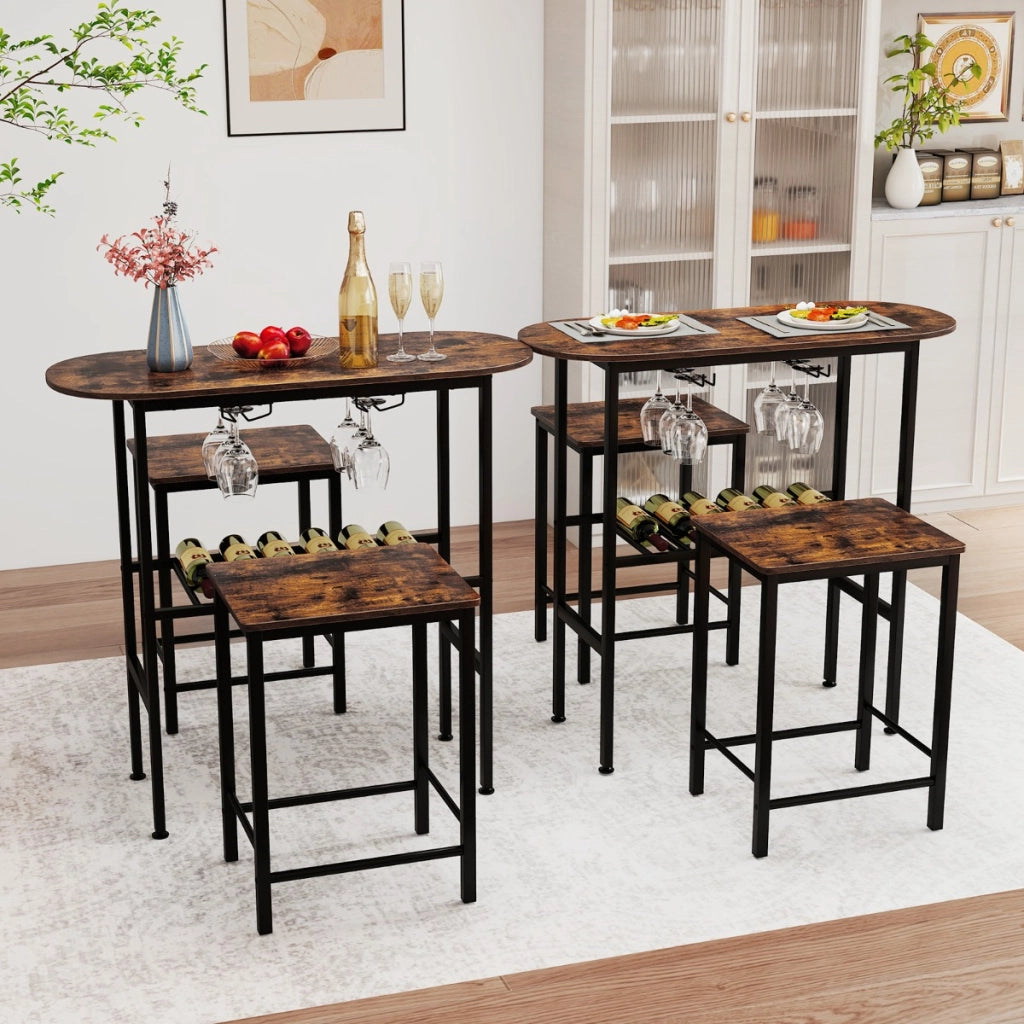 Tavolo da pranzo ovale e 2 sgabelli con portabottiglie arredamento per cucina, Set da tavolo alto a 3 pezzi portabicchieri da vino Marrone