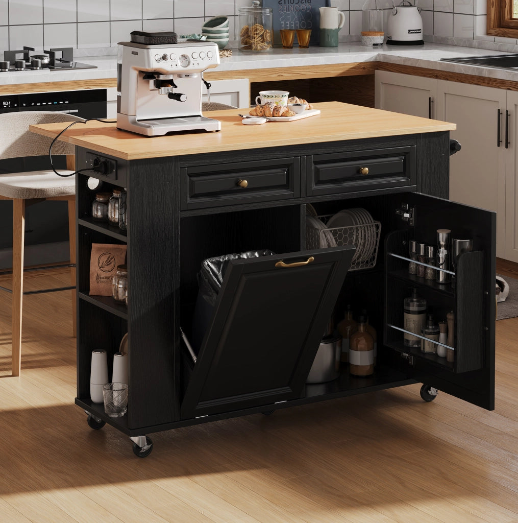 Isola cucina mobile nera 120x40-70x92 cm con prolunga, prese e vano contenitore