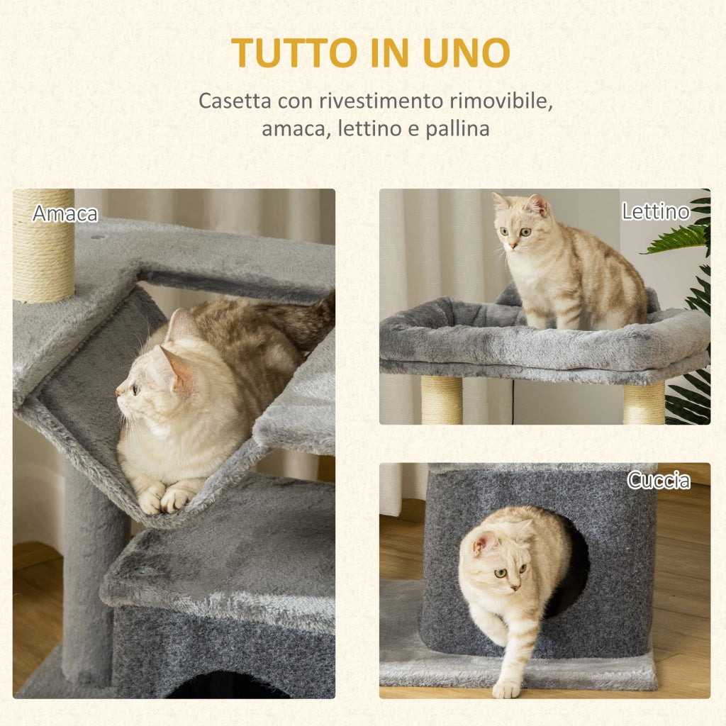 Tiragraffi per Gatti con Casetta e Amaca ¨C zephmum ¨C Grigio, Peluche e Feltro, 100cm
