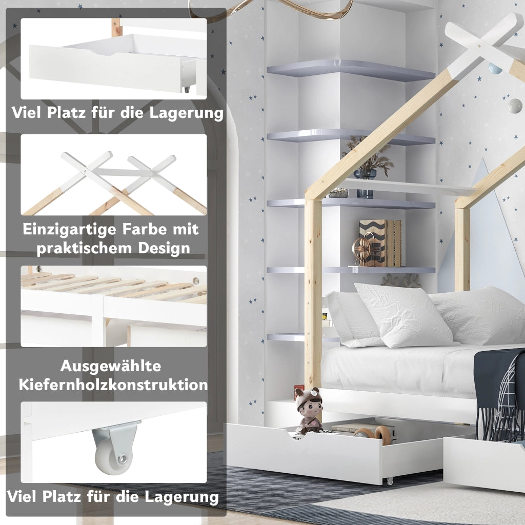 Letto Casetta 90x200 cm - con 2 Cassetti - in Legno Massello e MDF - Bianco