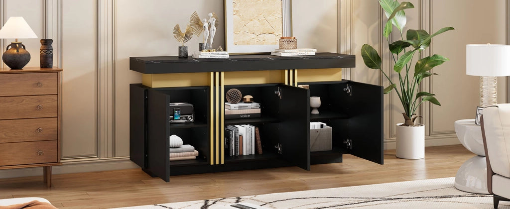 Credenza nera e oro 3 ante mobile buffet 140 cm con piano effetto marmo
