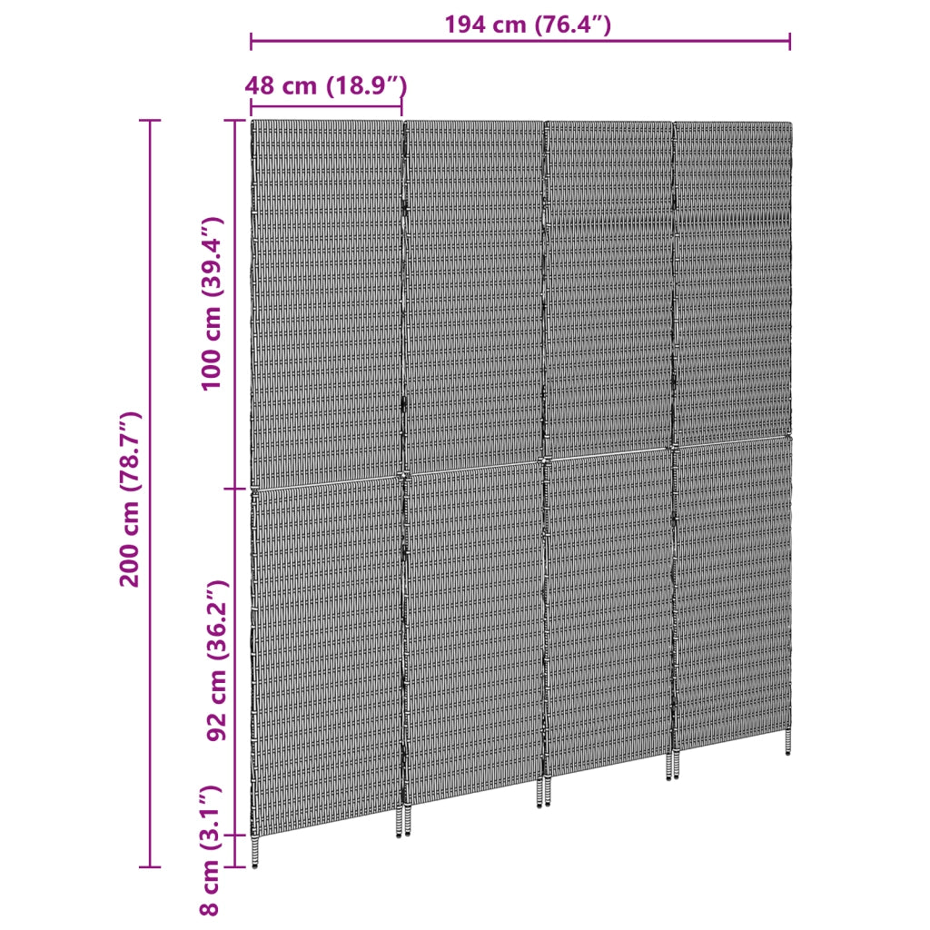 Divider per Stanza 4 Pannelli Pieghevole Beige 196x200 cm Poly Rattan
