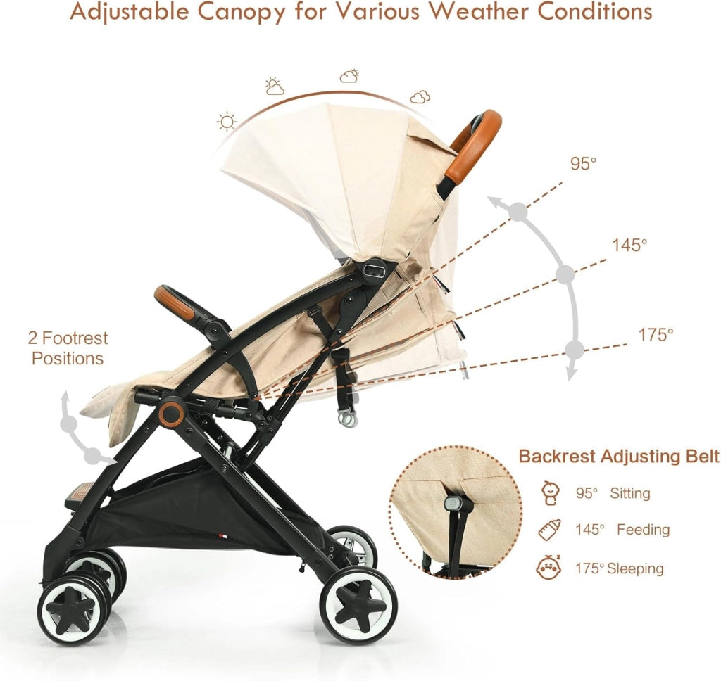 Passeggino Pighevole per Bmabini, Passeggino con Schienale e Poggiapiedi Regolabili, Passeggino Leggero Portata 15 kg, con Cappottina e Zanzariera, per Bambini 0-3 Anni (Beige)