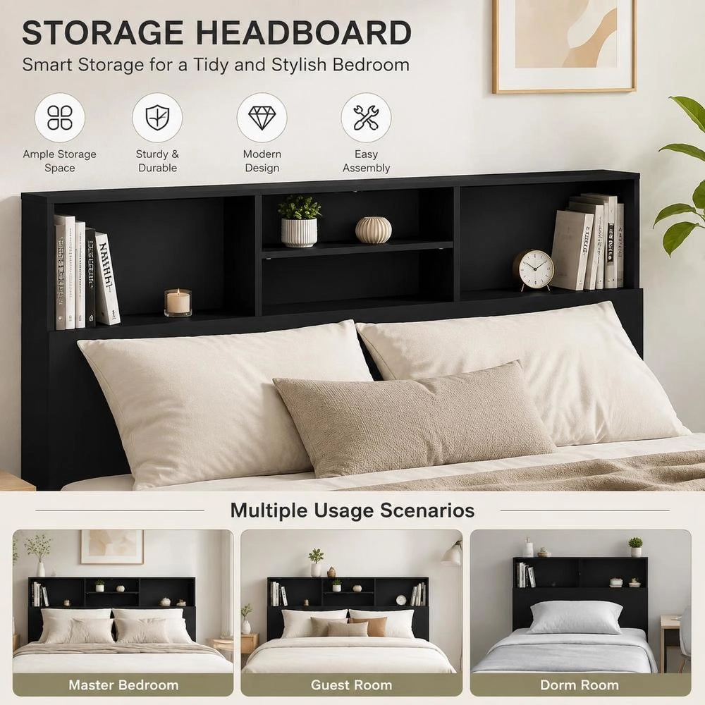 Bed Headboard With Shelves, Black, 160x19x103.5 Cm