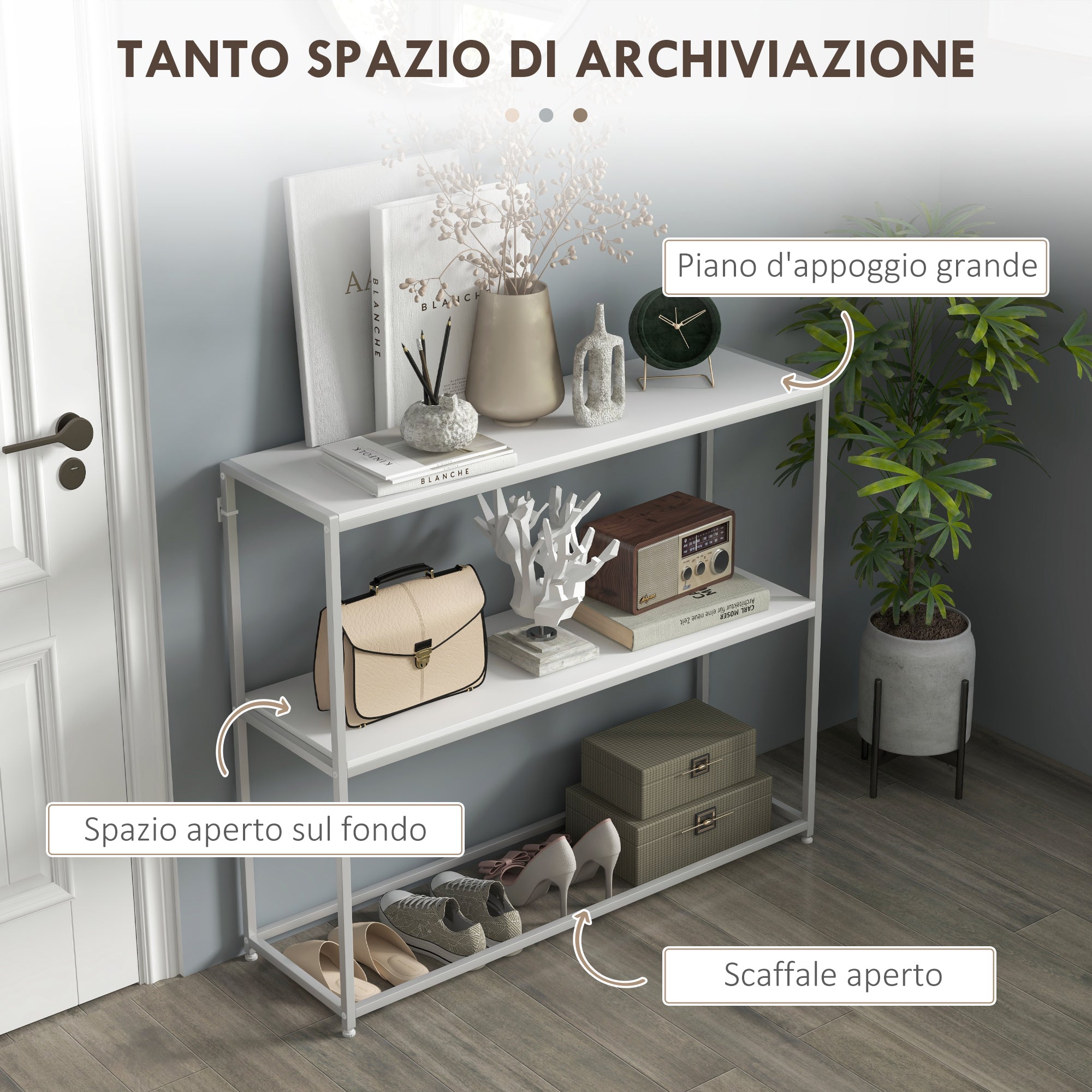 Tavolo Consolle da Ingresso con Ripiano Aperto 100x30x87 cm in Acciaio e Truciolato Bianco