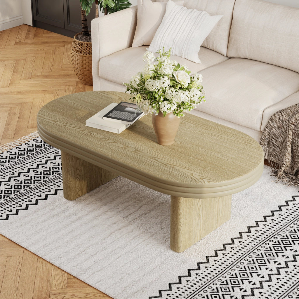 Tavolino Da Caffè Ovale con Base Scanalata; Finitura Legno Naturale; Stile Mid-Century Modern; in MDF; 120×60×41;5 cm
