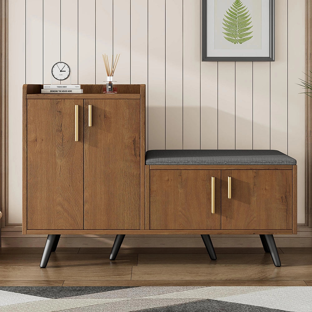 Armadietto scarpe moderno - Xylo - L120/P34/H82 - Venature legno, 4 ante, maniglie metalliche asimmetriche