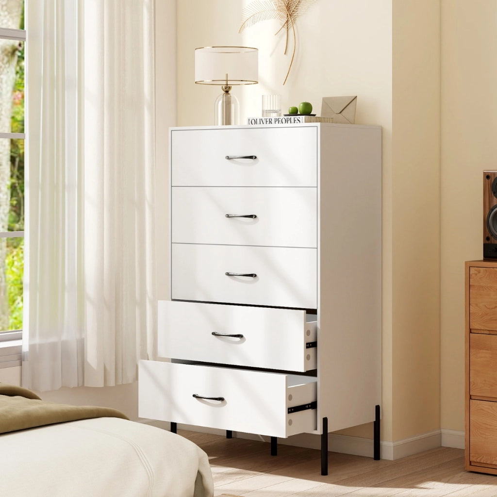 Cassettiera a 5 cassetti com¨° alta moderna gambe maniglie metallo-Armadio 5 cassetti camera da letto soggiorno Bianco