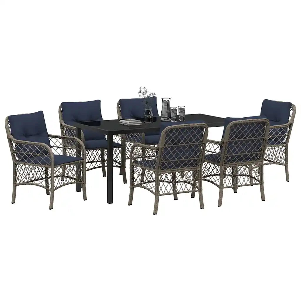 Set da Pranzo per Giardino 7 pcs Grigio e Nero Rattan