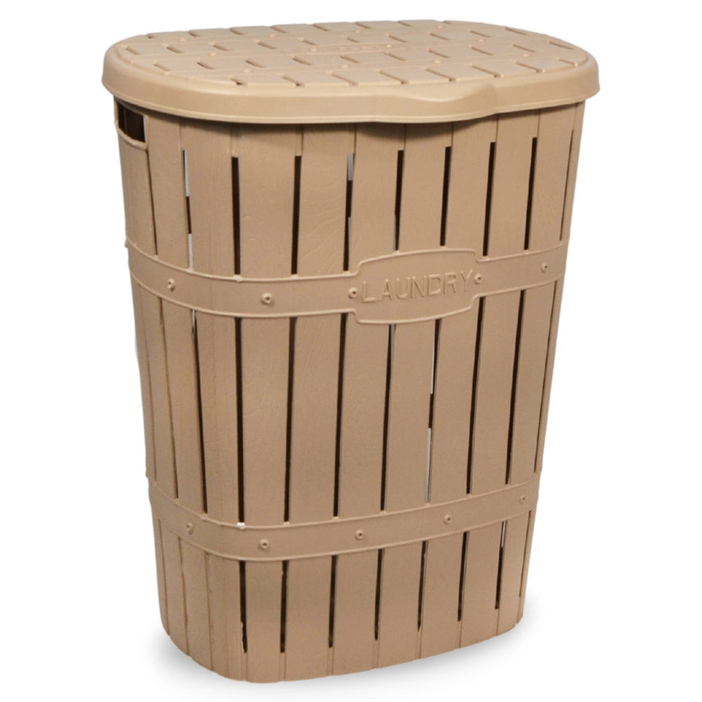 Cestone portabiancheria con coperchio e cesta coordinata effetto legno beige