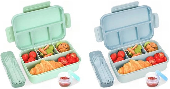 Lunchbox per bambini - Lekvrije box da pranzo con 4 compartimenti, box a forma di bento per bambini e adulti - Box da colazione per ragazzi e ragazze (blu, interna verde, 1300 ml, set da 2)