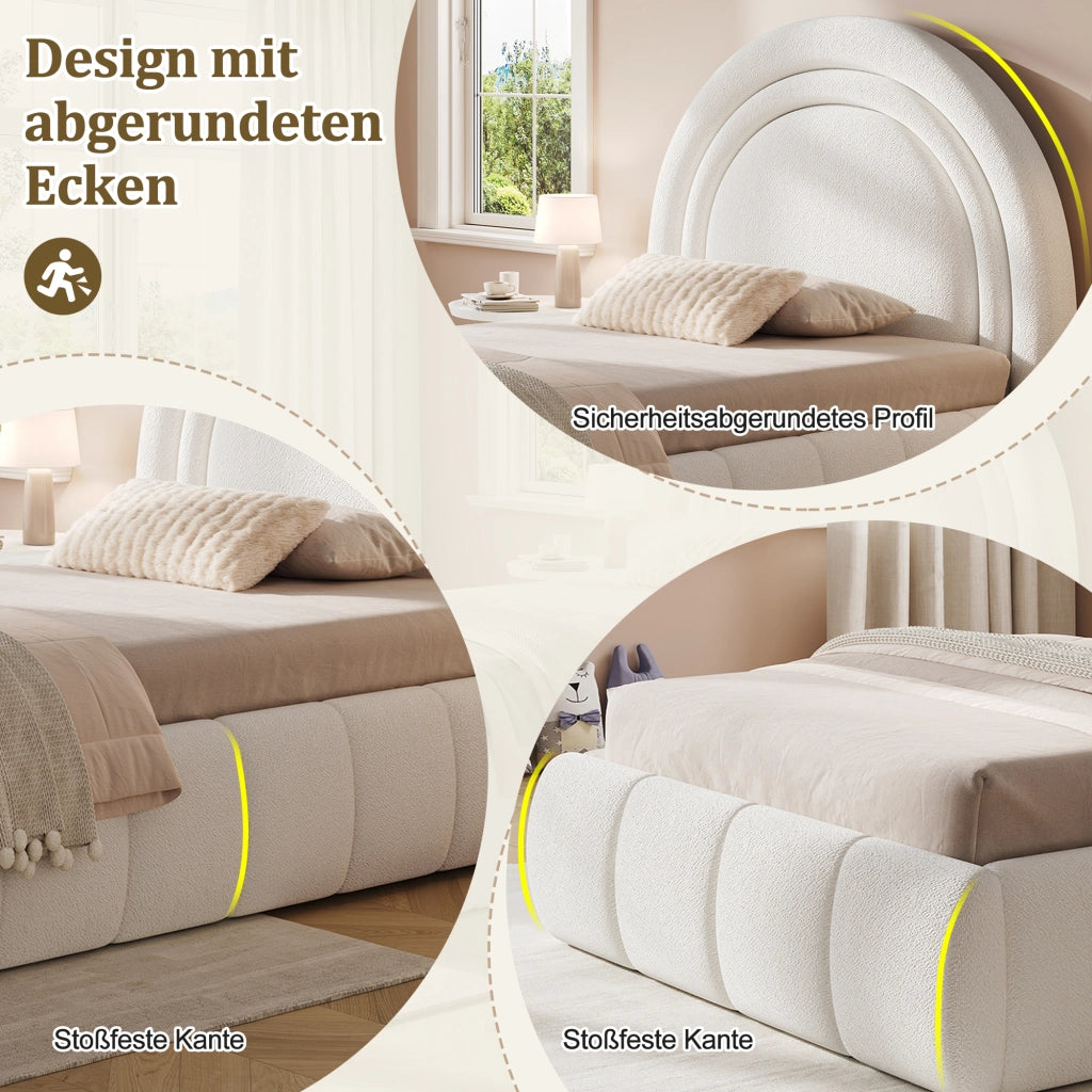 Letto per bambini 90 × 200 cm con contenitore idraulico e testiera imbottita, senza materasso, in bouclé beige