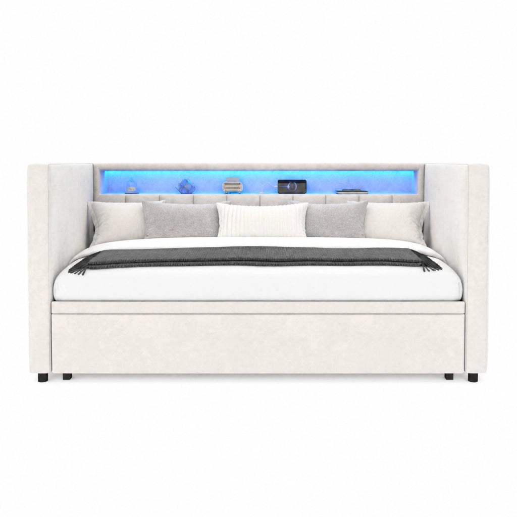 Divano letto estraibile in velluto beige 90x190 cm con LED; USB Type-C e contenitore