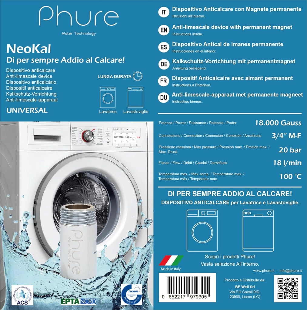 Phure Neokal Dispositivo Anticalcare Magnetico Universale 3/4" Per Lavatrice E Lavastoviglie