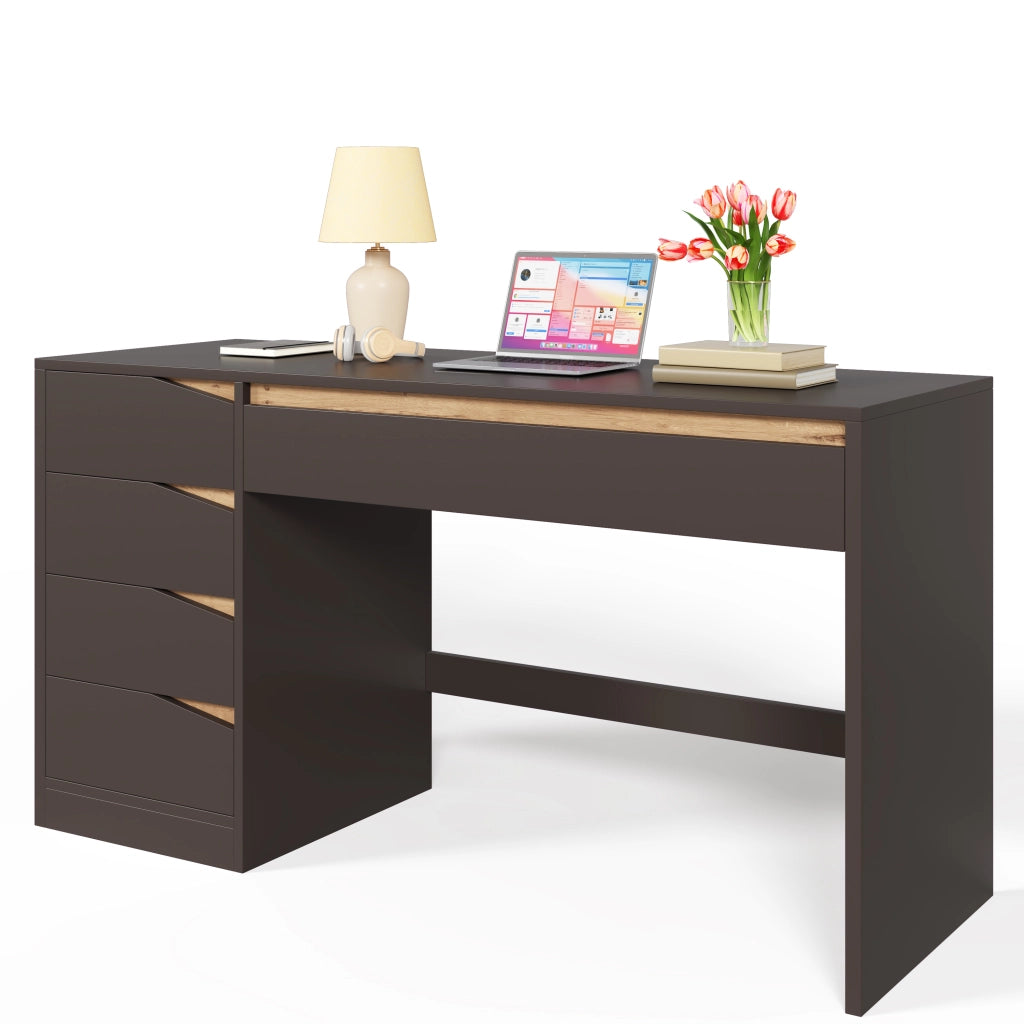 Scrivania dritta con 5 cassetti e piano ampio, grigio e rovere, per studio e camera, MDF, 140 × 50 × 78 cm