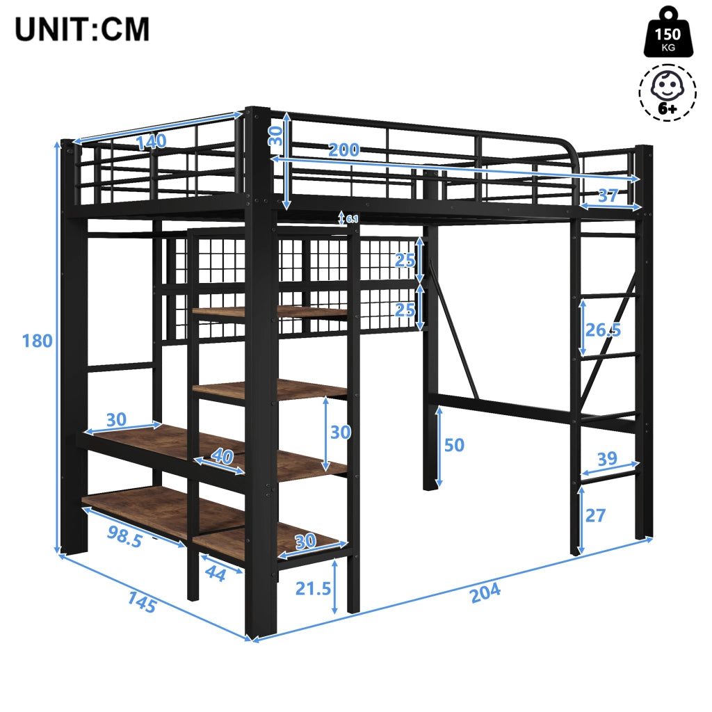LETTO a soppalco 140x200 cm in Metallo e MDF Nero con LED e vano a giorno