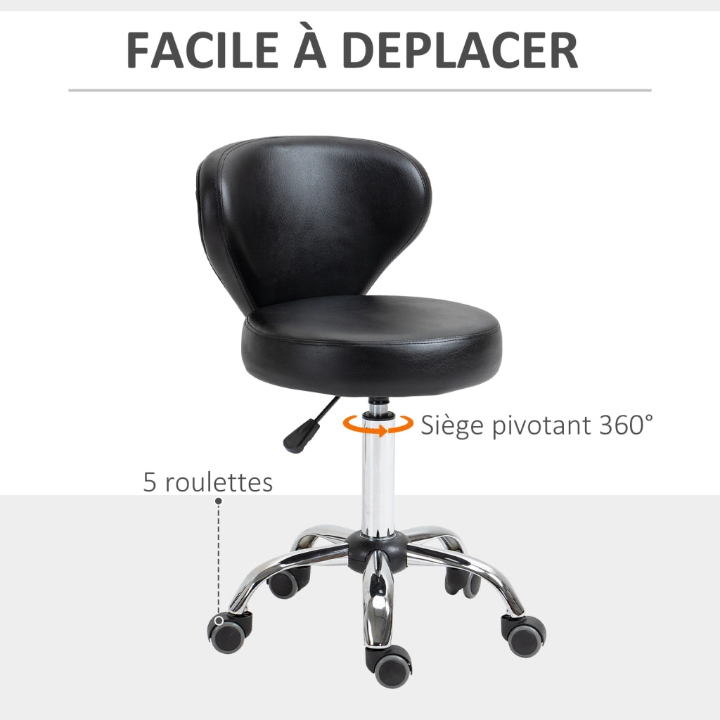 Sgabello da lavoro con rotelle e schienale ¨C Zephmum ¨C Struttura in metallo cromato, rivestimento nero, altezza regolabile 49-64 cm