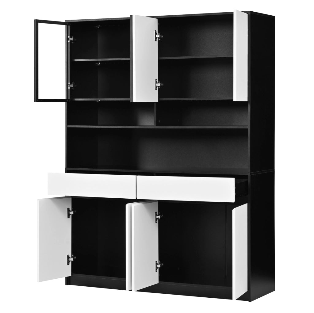 Credenza alta in MDF nero e bianco con LED, 120x38x160 cm
