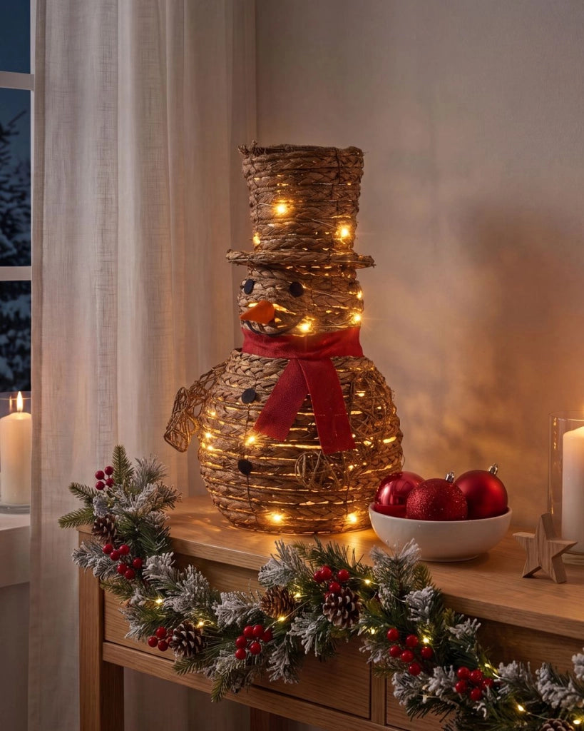 Decorazione LED Pupazzo di neve in ferro naturale e rattan 52 cm Figura natalizia luminosa 50 lampadine LED