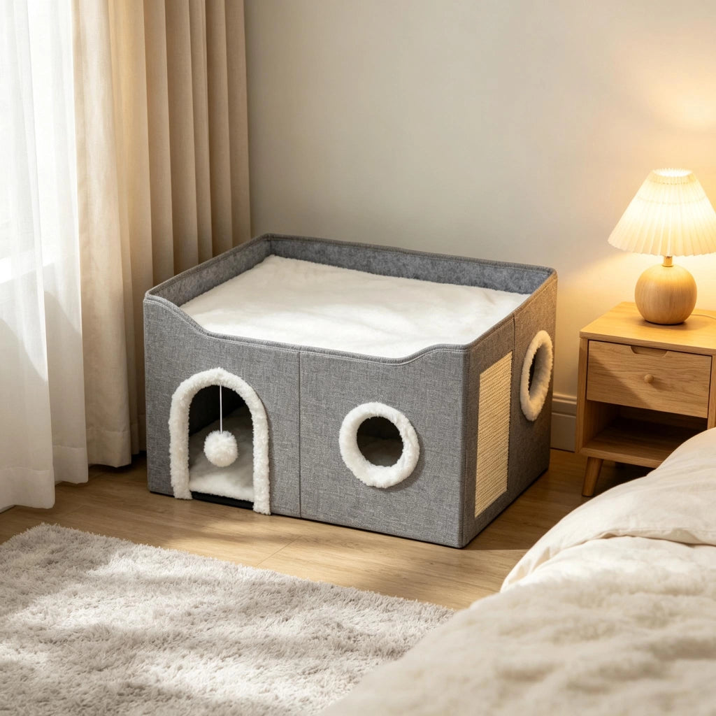 Cuccia per Gatti Pieghevole in MDF con Tiragraffi e Cuscino; 60x40x34 cm; Grigio