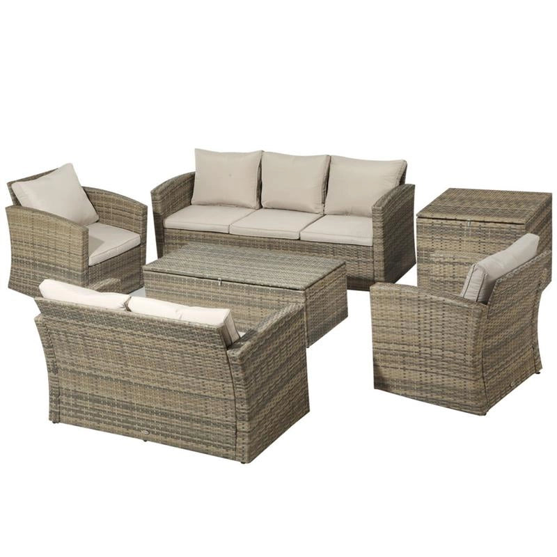 SET MOBILI DA GIARDINO 6 PEZZI IN RATTAN CON DIVANI, POLTRONE E TAVOLI CONTENITORE, BEIGE