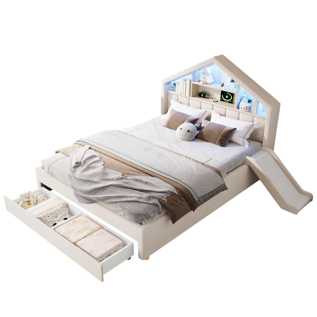 Letto per bambini imbottito 140x200 cm beige con scivolo; LED e vano contenitore