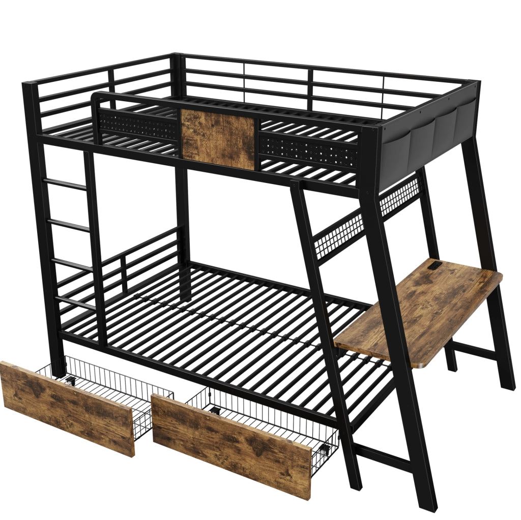 Letto a castello 90x200 cm con scrivania; LED e vani portaoggetti in metallo nero