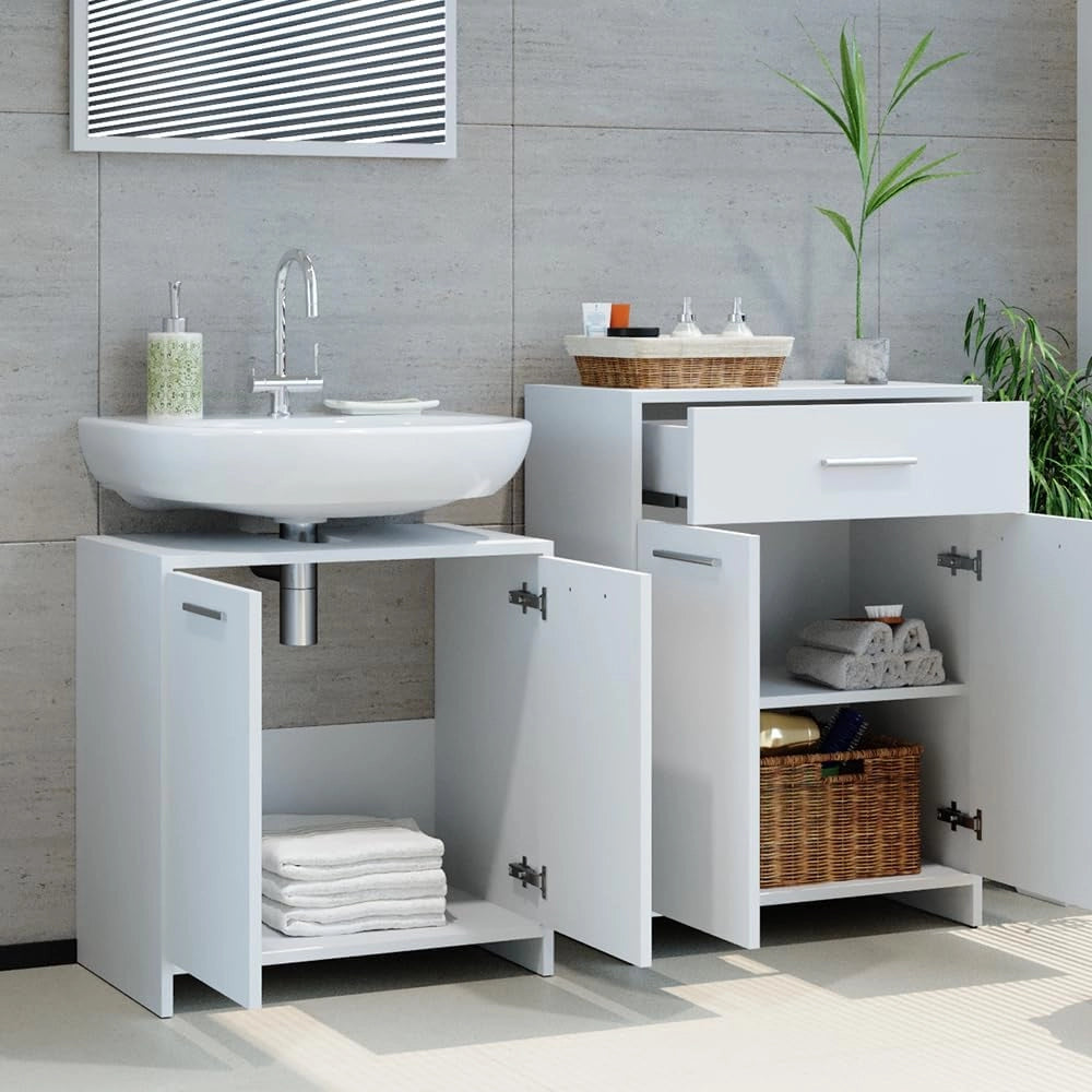 Set mobili bagno Kiko, Bianco, 58 cm, composto da mobile lavabo, pensile a specchio, colonna e base media