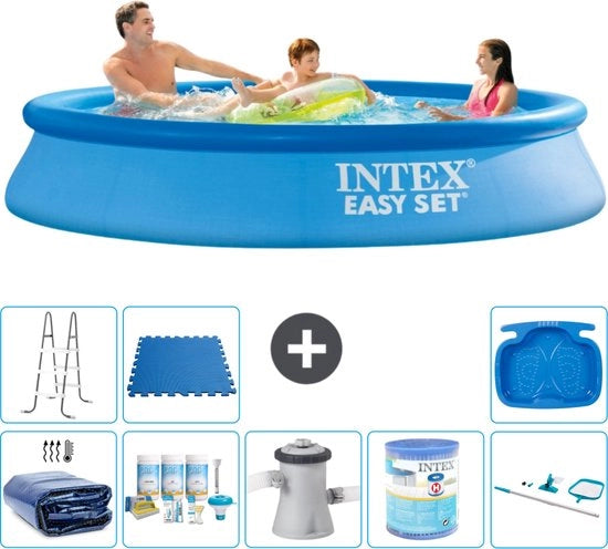 Piscina Rond Opblaasbar Easy Set - 305 x 61 cm - Blu - Inclusa Tenda Solare - Kit di Manutenzione - Pompaggio Piscina - Filtro - Set di Pulizia - Scale - Paviamento Piscina
