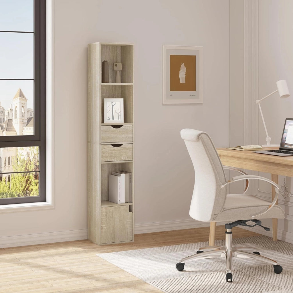 Libreria Scaffale Moderna in Legno, Libreria Verticale con 3 Vani Aperti, 2 Cassetti e 1 Armadietto, Mobile Portaoggetti Portalibri da Terra con Ripiano Regolabile, Legno Chiaro, 30x24x158cm