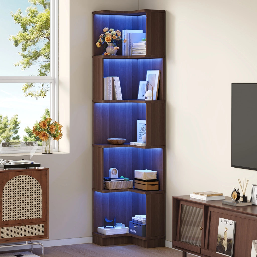 Libreria angolare a L con illuminazione LED, 63,5 x 45 x 175 cm, 5 ripiani, marrone