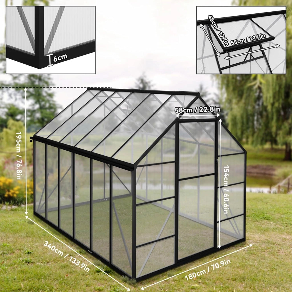 Serra da giardino in alluminio, con base da 6 cm e piastra in policarbonato da 4 mm, per pomodori, da giardino, resistente ai raggi UV, resistente alle intemperie, per il giardino, 340 x 180 x