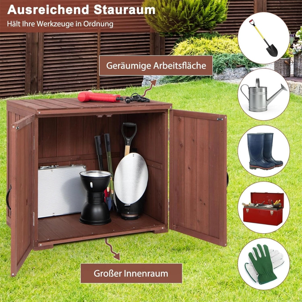 Armadietto da giardino con doppie ante e maniglie, armadietto per esterni, resistente alle intemperie, in legno, 77 x 56 x 72 cm
