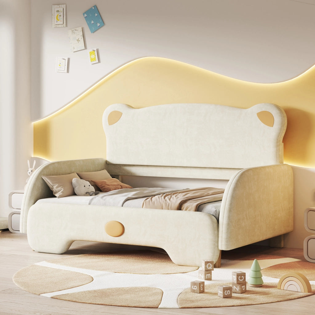 Letto matrimoniale forma orso imbottito velluto beige 140x200 cm