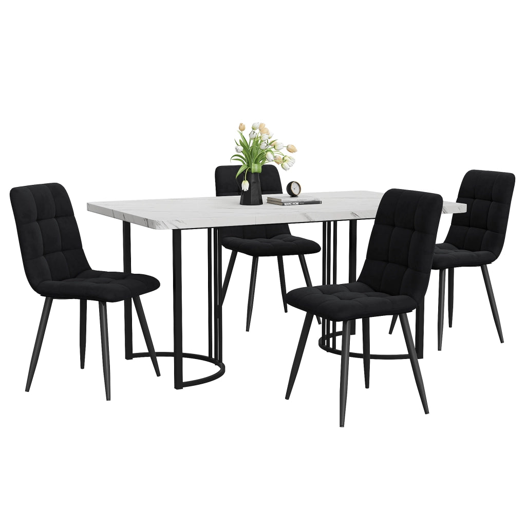 Tavolo da pranzo per 4 persone con 4 sedie, piano effetto marmo e base in metallo, per cucina, bianco 140 × 80 cm
