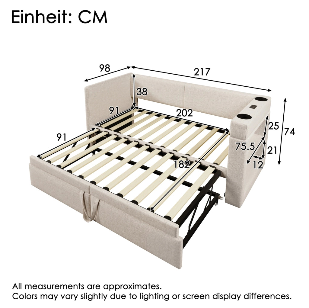Letto singolo estraibile 90x200 cm beige con USB e portabevande