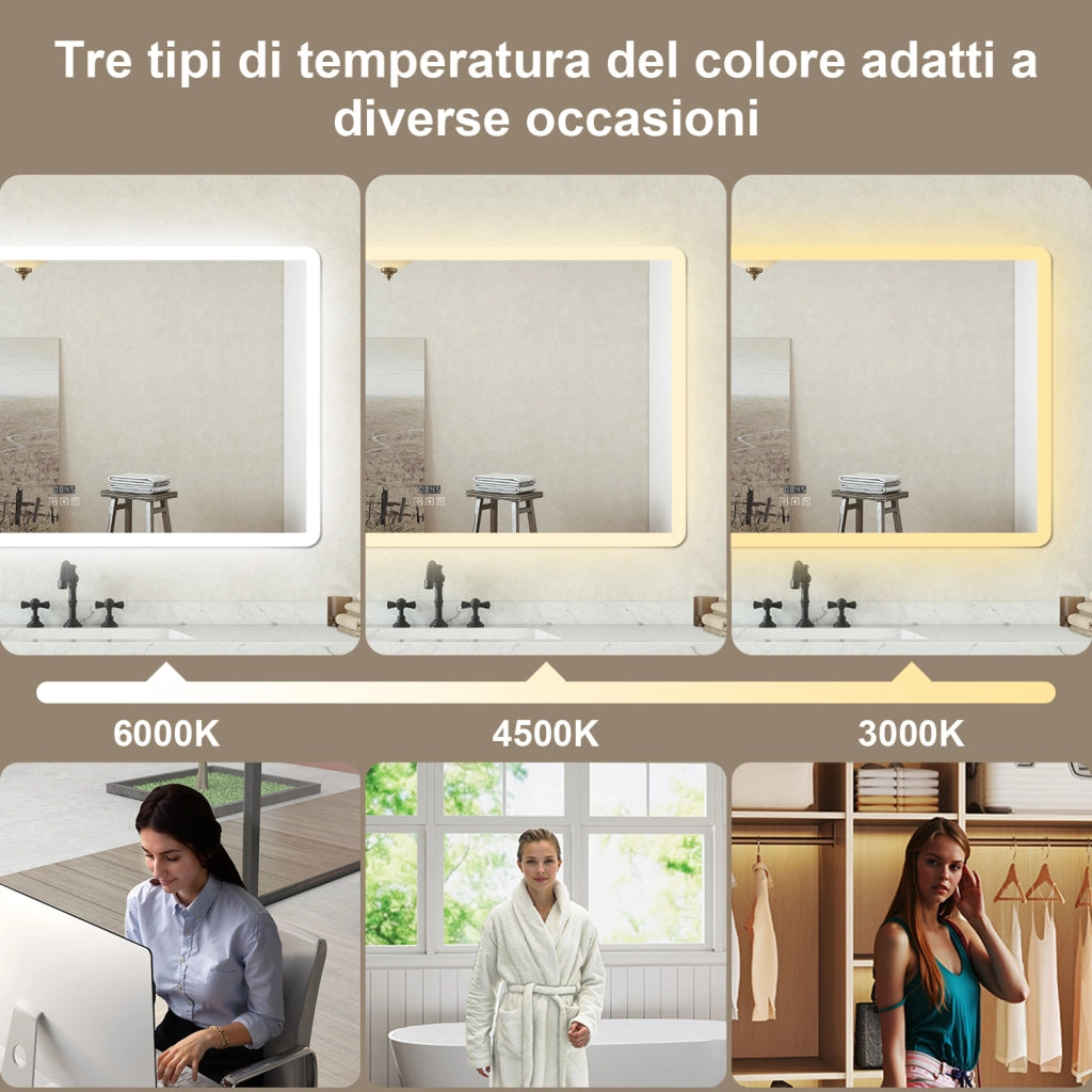 Specchio bagno Rettangolare 120x70cm Led Con 3 Luci Bluetooth + Orologio + Antiappannamento
