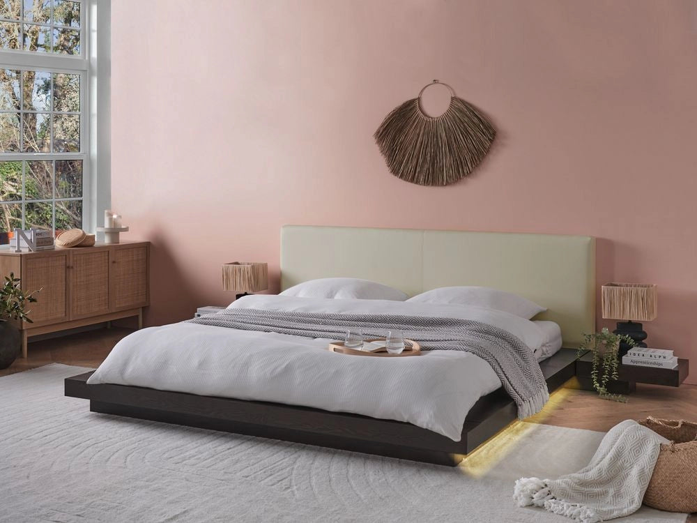 Letto LED in stile giapponese in frassino scuro 180 x 200 cm testata in legno impiallacciato MDF testata in ecopelle camera da letto a basso profilo