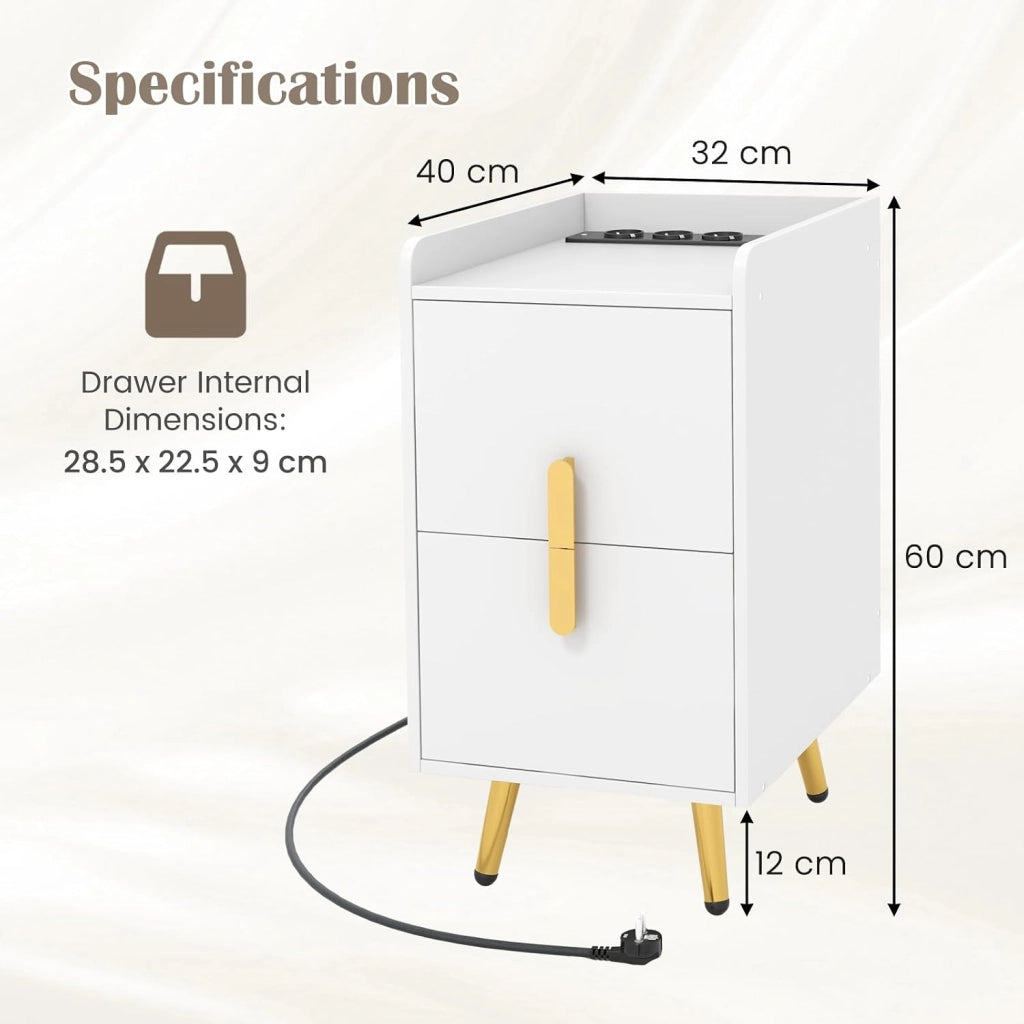 Comodino con stazione di ricarica, comodino con 2 porte USB e 3 uscite, tavolino laterale con 2 cassetti, tavolo per camera da letto, soggiorno, 32 x 40 x 60 cm (bianco)