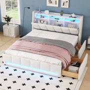 Letto imbottito beige 140x200 cm in lino e MDF con LED; cassetti e USB
