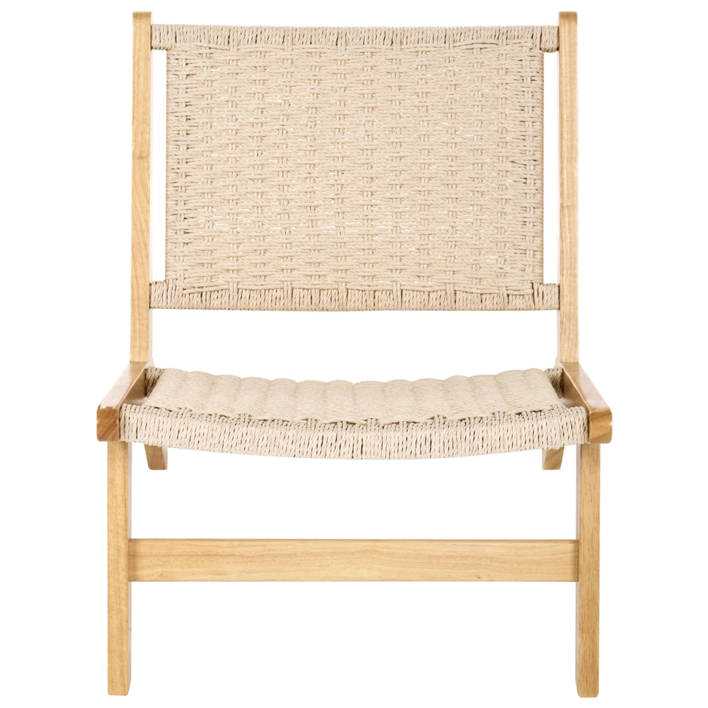 Poltrona marrone chiaro in legno di gomma con seduta intrecciata in corda di carta, stile boho, sala da pranzo