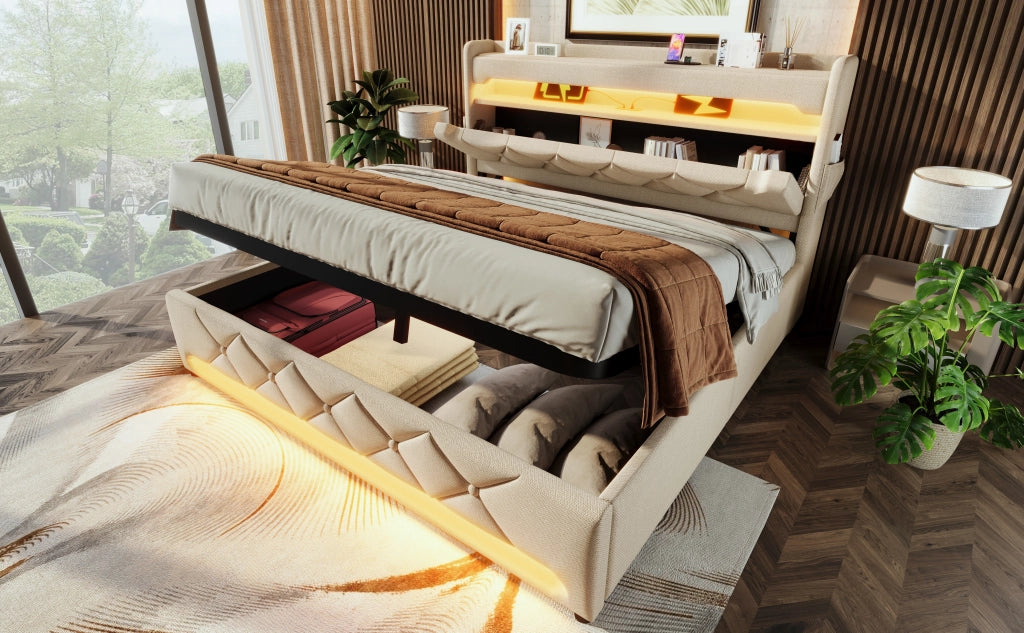 Letto matrimoniale 140x200 in lino beige con contenitore idraulico, LED 360°, testiera con USB e Type-C, materasso incluso