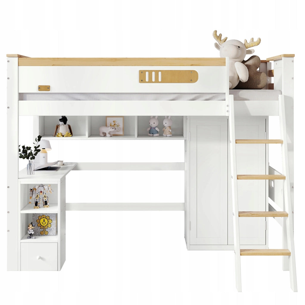 Letto a castello con scrivania - Xylo - 90x200cm - Pino+MDF - Bianco+Naturale