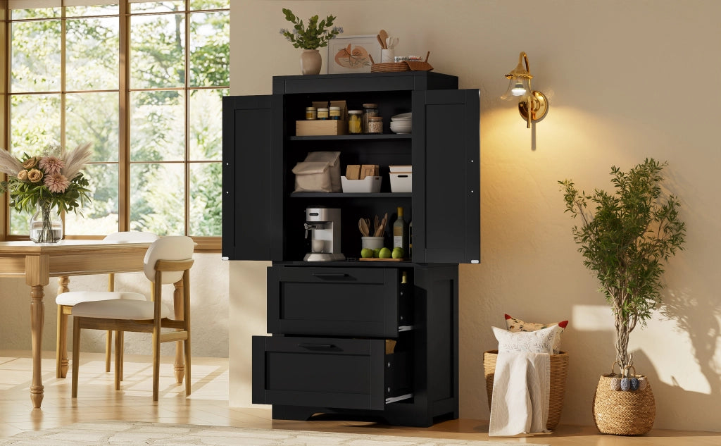 Credenza alta in stile rustico con 2 cassetti e ripiani regolabili per cucina, soggiorno e sala da pranzo in MDF nero
