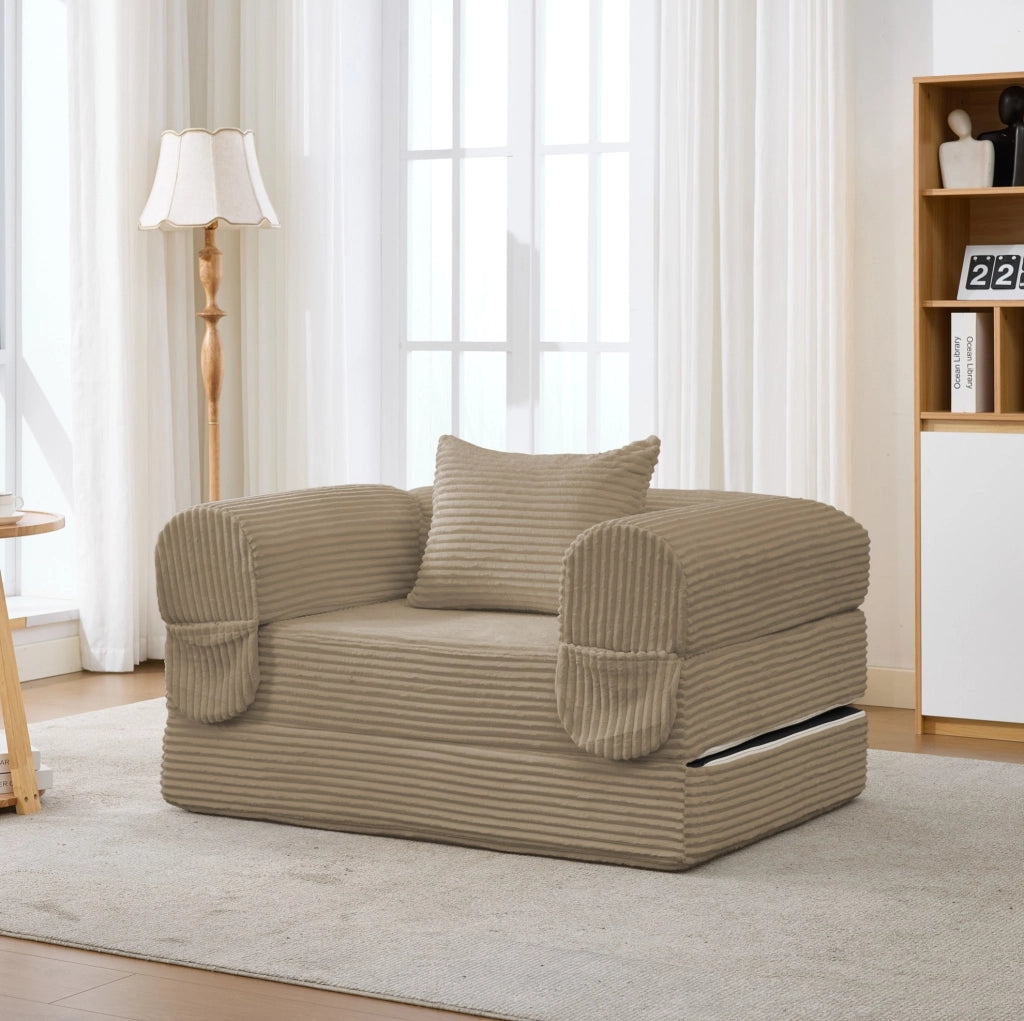 Poltrona letto singola marrone imbottita; trasformabile 2 in 1