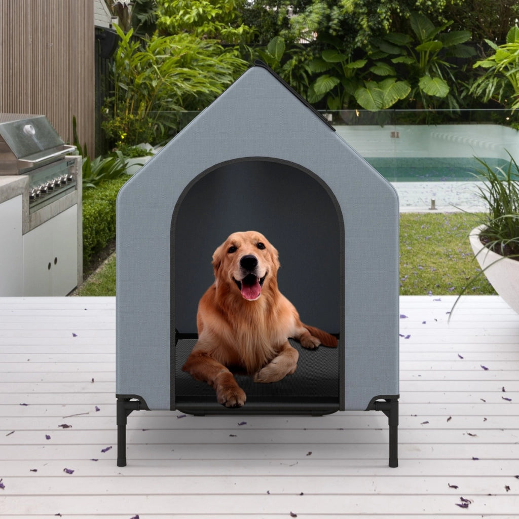 Casa elevata per cani con finestre ventilate copertura rimovibile, Cuccia per cani con letto a rete Grigio 75x110x106cm-Casette e lettini