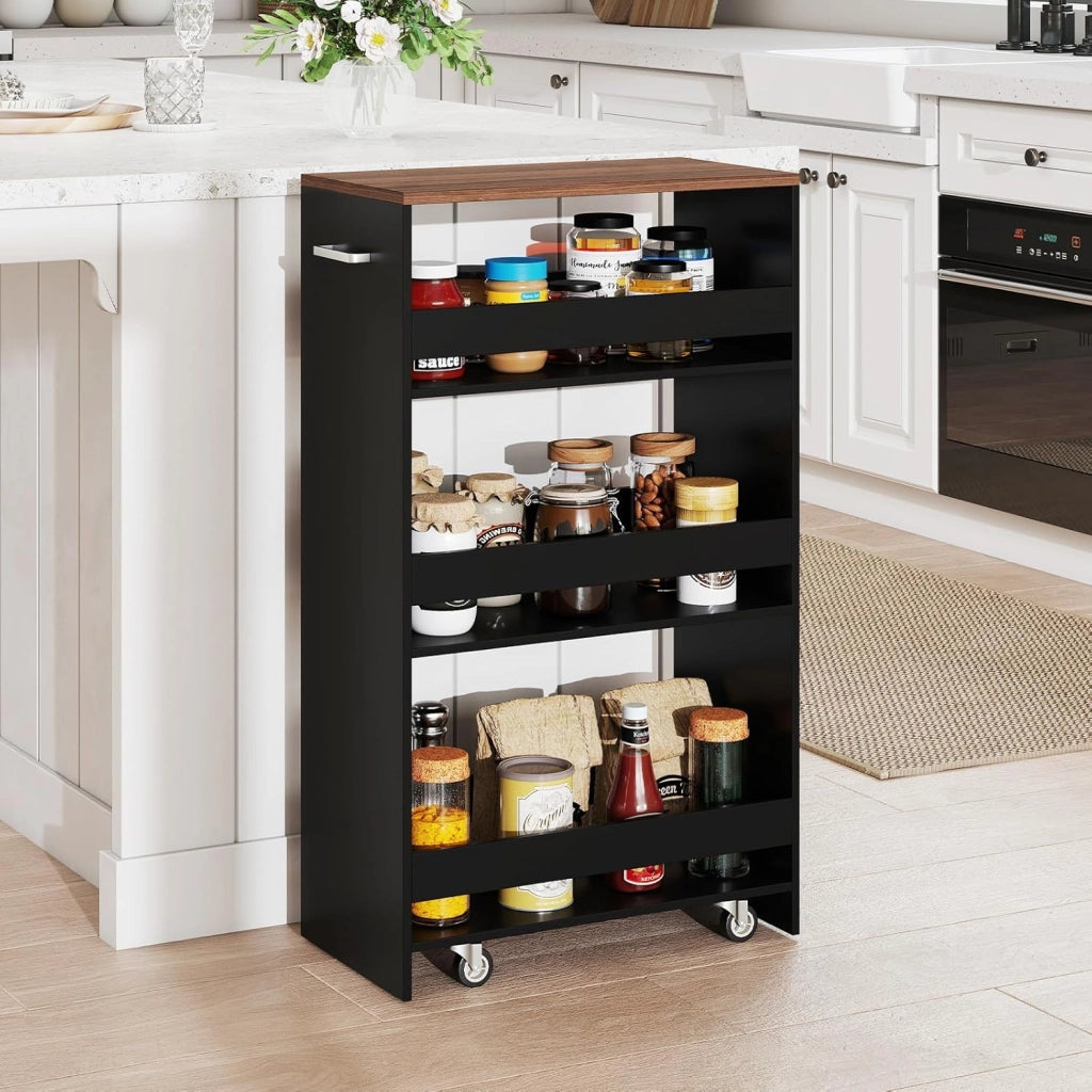 Carrello per Nicchia con Ruote, 4 Livelli，Carrello di Servizio Stretto Salvaspazio, da Bagno, Scaffale da Cucina Sottile 47,5 x 13 x 80,5 cm (Marrone+Nero, Largo 25cm)